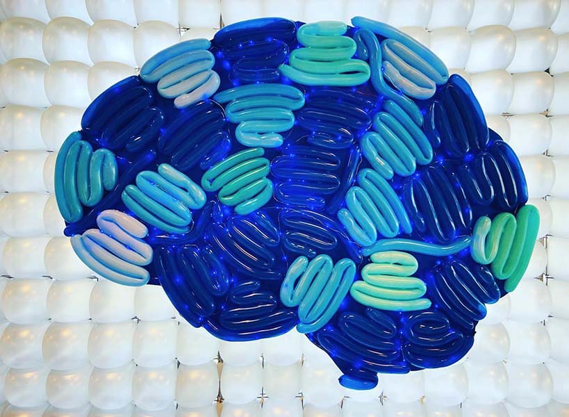 Ten foot wide relief style balloon sculpture of the human brain for a technology company
