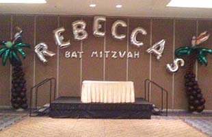 Wall sign of mylar letter balloons for Rebecca's Bat Mitzvah