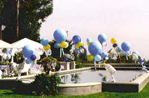 These balloon arches floating over the swimming pool have giant balloon baby pacifiers in the middle for an outdoor baby shower event