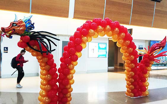 This 20' long sculpture of a Chinese dragon is for an Air China marketing event at the San Jose Airport.