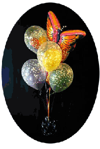 A unique bouquet of seven jumbo 16 inch diameter balloons with an 11 inch diameter balloon inside each one. This bouquet is topped with a large Mylar® butterfly balloon.